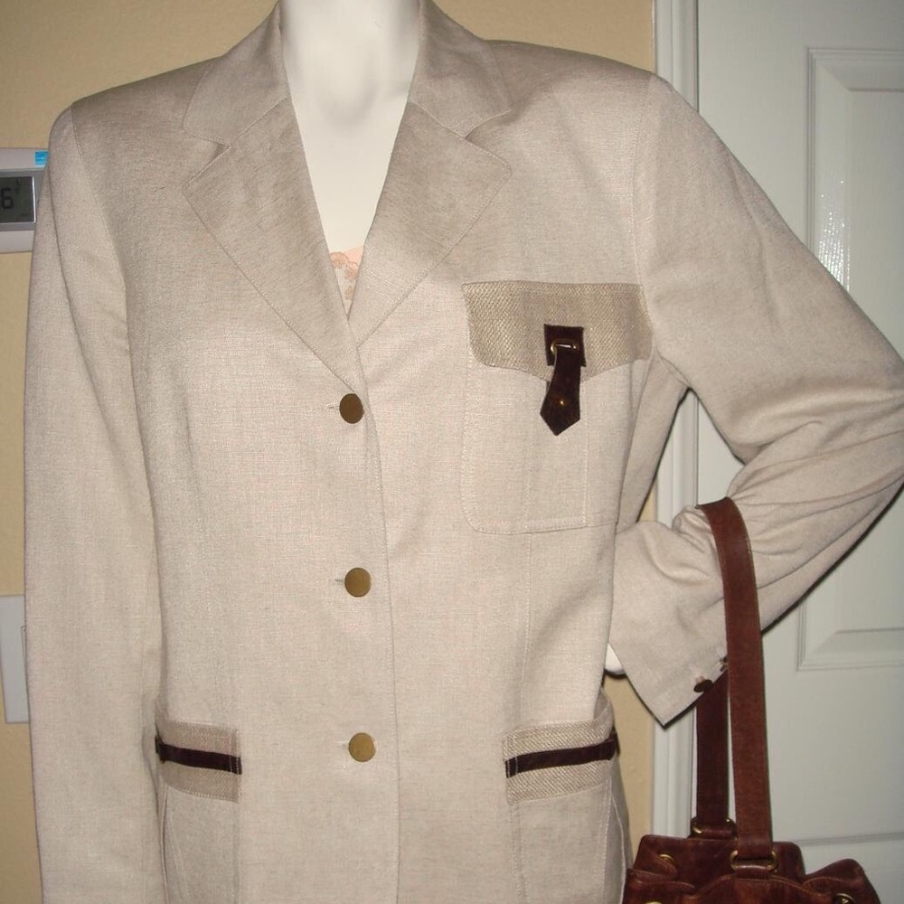 Linen and leather trim cool safari style blazer summer jacket size 6